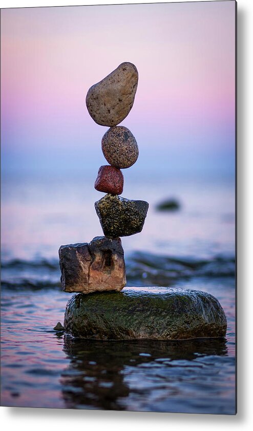 Meditation Zen Yoga Mindfulness Stones Nature Land Art Balancing Sweden Metal Print featuring the sculpture Balancing art #51 by Pontus Jansson