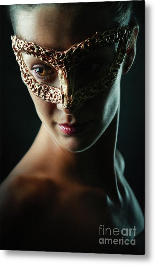 Art Metal Print featuring the photograph Beauty model woman wearing masquerade carnival mask by Dimitar Hristov