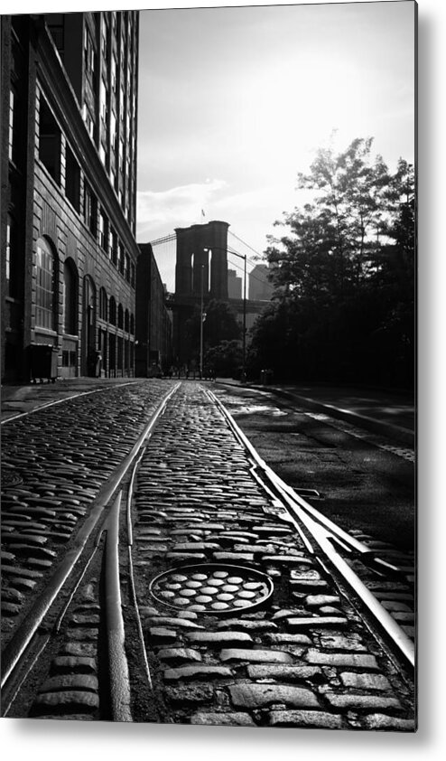 Railroad Track Metal Print featuring the photograph Brooklyn Bridge Waterfront Street Sunset by Cribbvisuals