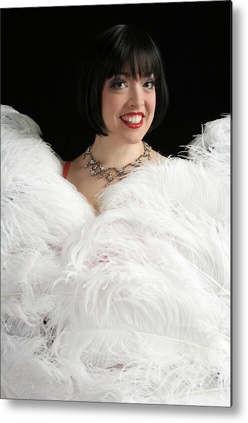 Caucasian Ethnicity Metal Print featuring the photograph Burlesque Dancer Smiling Over Ostrich by Henry Horenstein