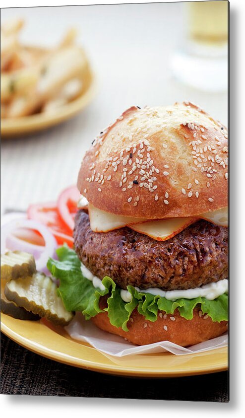 Unhealthy Eating Metal Print featuring the photograph Cheeseburger by Nicolesy
