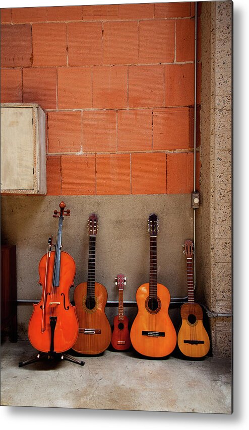 Five Objects Metal Print featuring the photograph Collection Of Small Stringed Instruments by Ron Levine