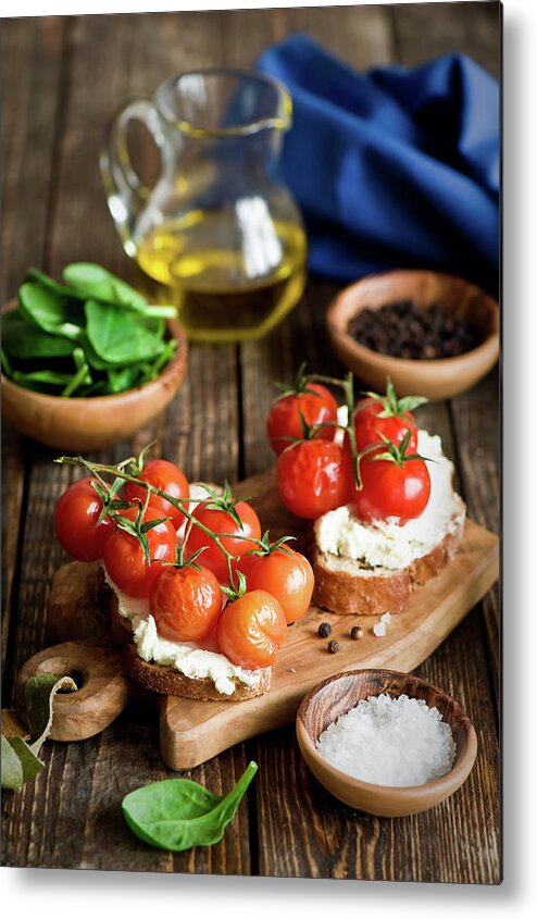 Napkin Metal Print featuring the photograph Crostini With Tomatoes by Verdina Anna