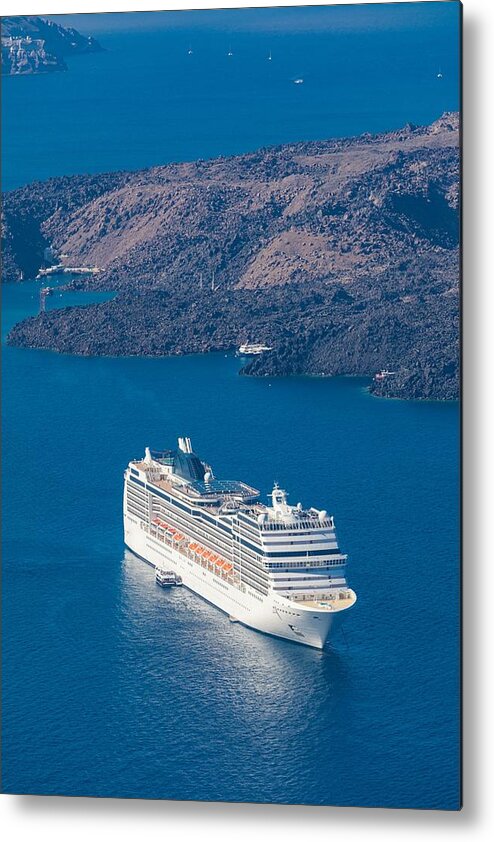 Landscape Metal Print featuring the photograph Cruise Ship Near Santorini, Summer by Levente Bodo