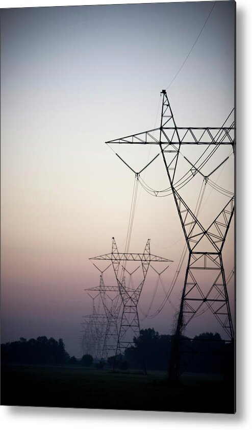 Tranquility Metal Print featuring the photograph Electrical Power Lines Against The by Wesley Hitt