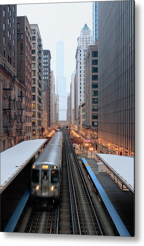 Downtown District Metal Print featuring the photograph Elevated Commuter Train In Chicago Loop by Photo By John Crouch