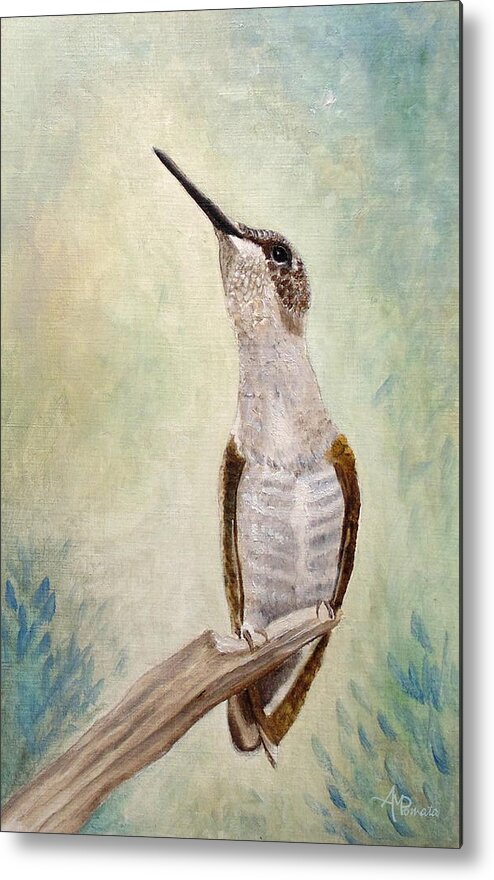 Hummingbird Metal Print featuring the painting Enchanting Wand - Ruby-throated Hummingbird by Angeles M Pomata