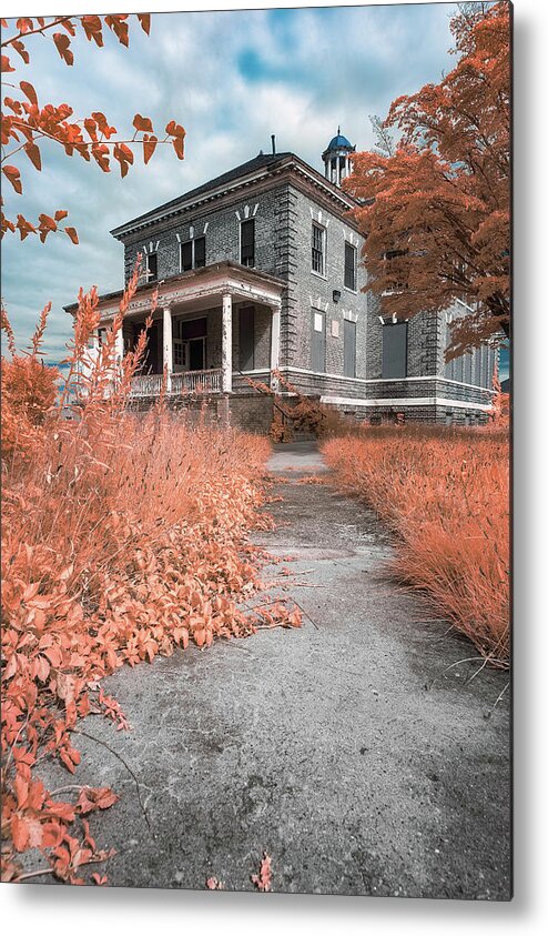 590nm 590 Nm Nanometer Ir Infrared False Color Rundown Run Down Abandoned Building Architecture Outside Outdoors Westboro Westborough State Hospital Insane Asylum Newengland New England Ma Mass Massachusetts Brian Hale Brianhalephoto Urbex Autumn Fall Metal Print featuring the photograph Faux Fall by Brian Hale