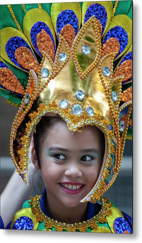 Filipino Day Parade Nyc 2019 Young Female Dancer In Head Dress Metal Print featuring the photograph Filipino Day Parade NYC 2019 Young Female Dancer in Head Dress by Robert Ullmann