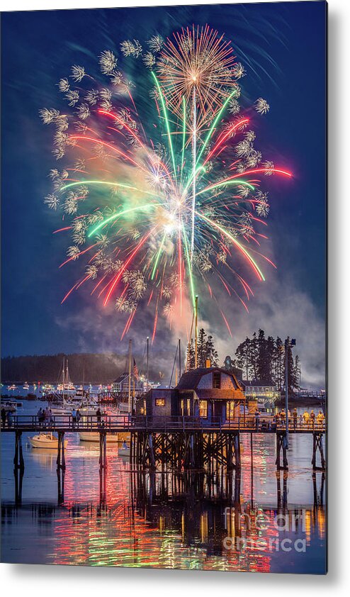 Boothbay Harbor Metal Print featuring the photograph Fireworks over the Boothbay Harbor Footbridge by Benjamin Williamson