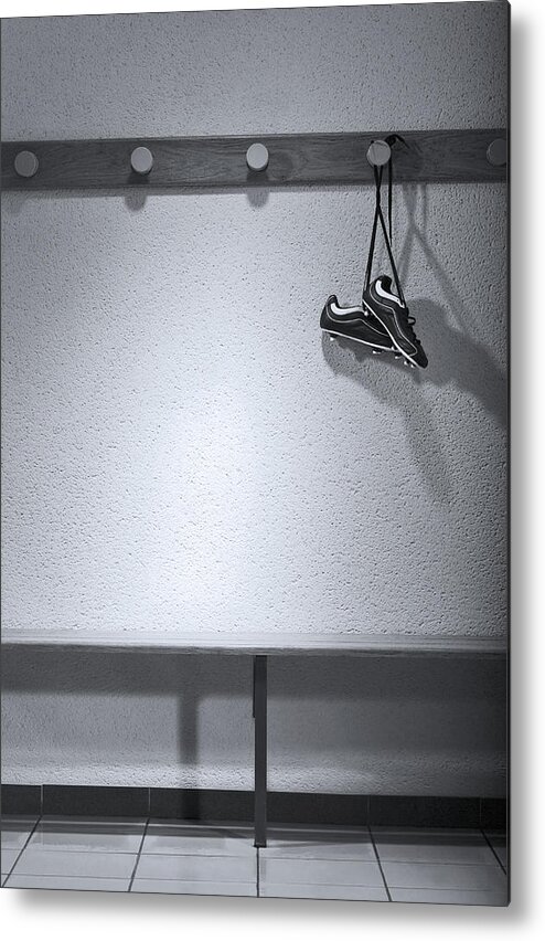 Hanging Metal Print featuring the photograph Football Boots Hanging In Change Room by Photo And Co