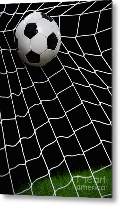 Grass Metal Print featuring the photograph Football Striking On Net, Close by Westend61