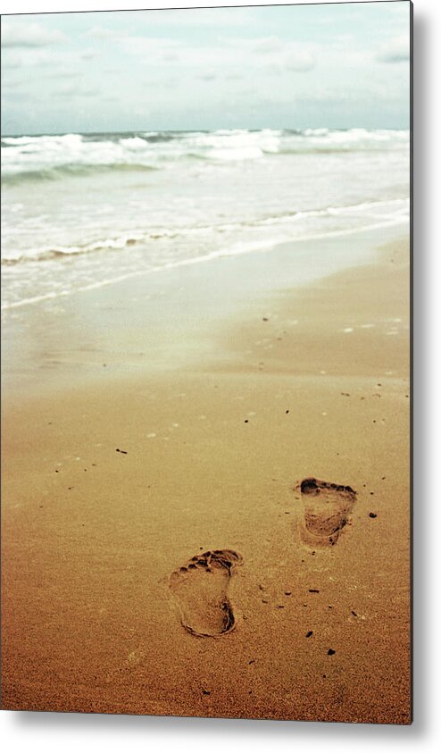 Tranquility Metal Print featuring the photograph Footprints On Sandy Beach - Sabratha by Zeynep Thomas