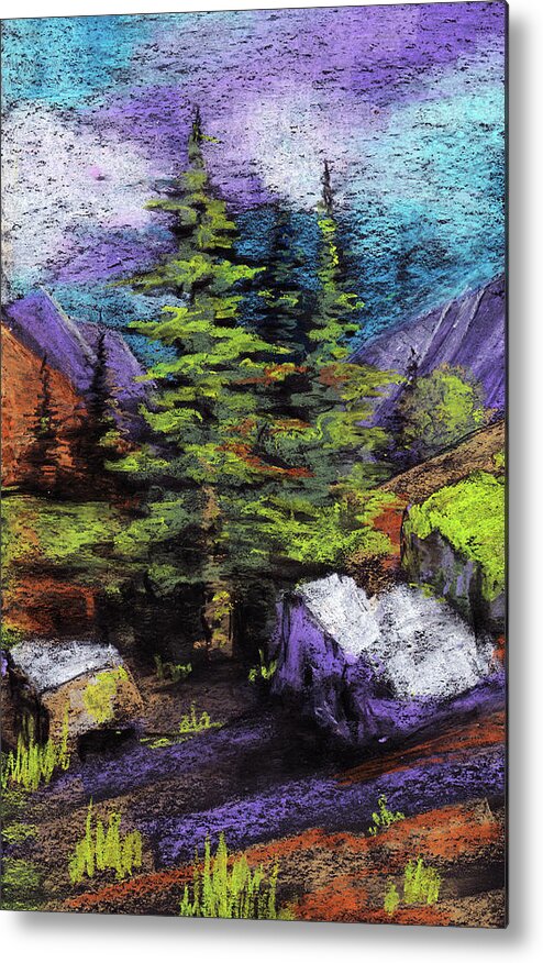 Forest road on the background of mountains, trees and stones. Oil pastel  drawing Metal Print by Elena Sysoeva - Fine Art America