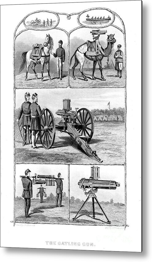 Horse Metal Print featuring the drawing Gatling Rapid Fire Guns, 1862. Artist by Print Collector