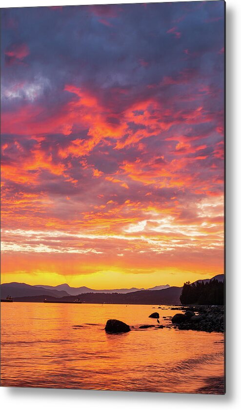 Outdoor; Sunset; Twilight; Spring; Great Blue Heron; English Bay; Vancouver; Downtown; Orange; Glow; Beach; View; Sky; Evening; Dusk; Waterfront; Park; Stanley Park; Reflection; Ocean; Bay; Vancouver; British Columbia; Canada; North America; Landscape; Water; Reflection; Ship; Seaside; Scenic; Metal Print featuring the digital art Glowing Sky in English Bay #2 by Michael Lee