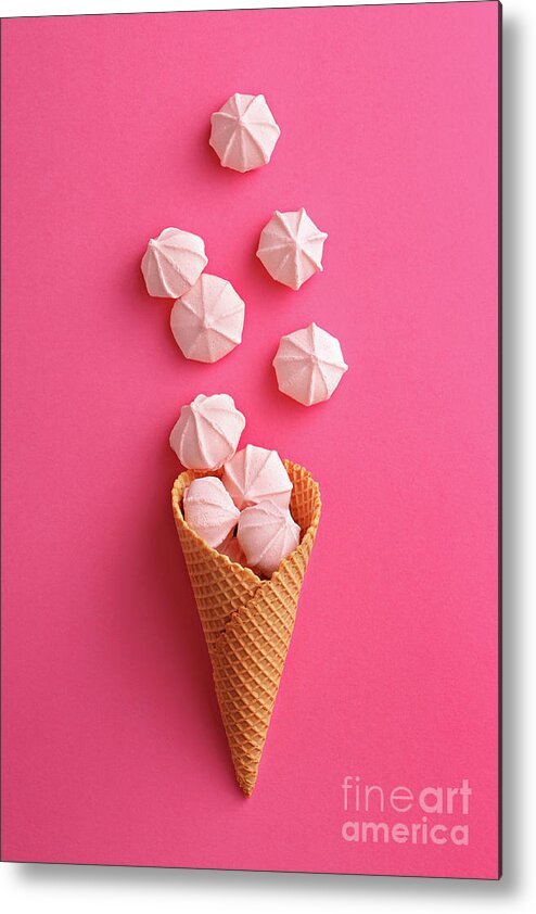 Empty Metal Print featuring the photograph Ice Cream Cone With Meringues On A Pink by Virtustudio