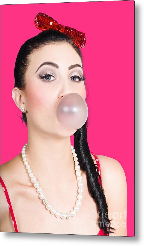 Bubblegum Metal Print featuring the photograph Image of a Pinup girl blowing bubble gum by Jorgo Photography