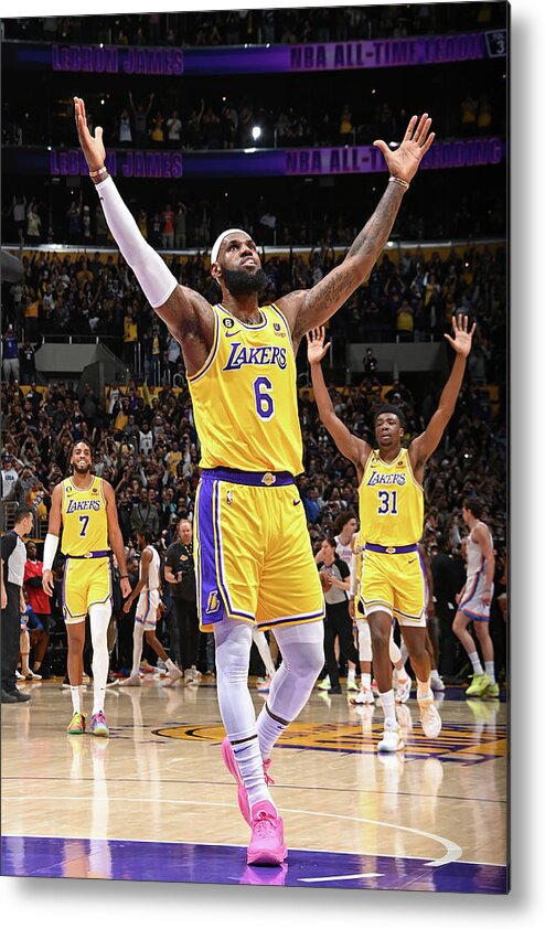 Lebron James Metal Print featuring the photograph LeBron James Celebrates After Breaking the All-Time Scoring Record by Andrew D. Bernstein