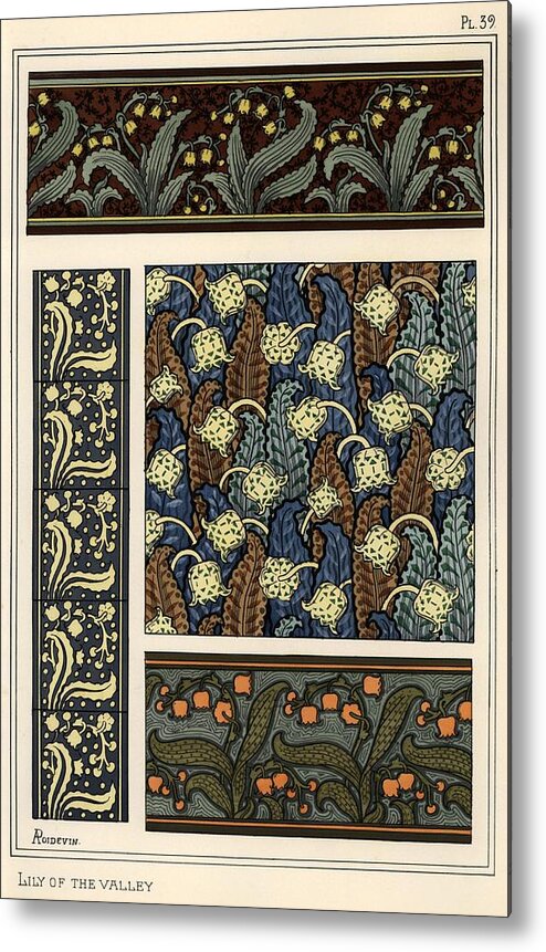 1897 Metal Print featuring the drawing Lily in patterns for borders, ceramic tiles and stained glass. Lithograph by A. Poidevin. by Album