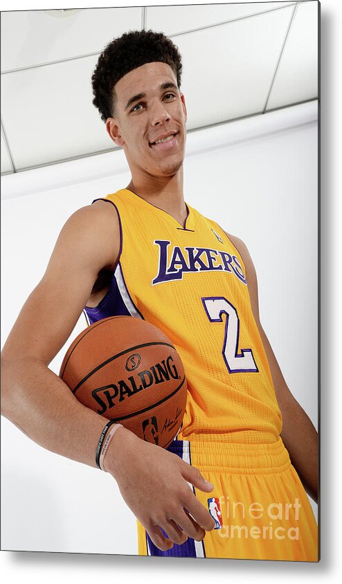 Lonzo Ball Metal Print featuring the photograph Los Angeles Lakers Introduce Lonzo Ball by Andrew D. Bernstein