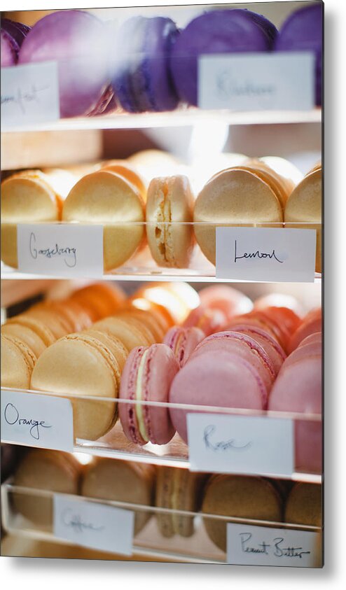 Unhealthy Eating Metal Print featuring the photograph Macaroon Varieties In Bakery Display by Hybrid Images