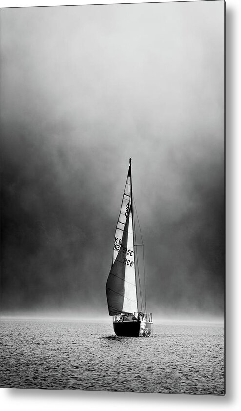 Mist Metal Print featuring the photograph Mist rising and sail boat, Coniston Water - Portrait by Anita Nicholson