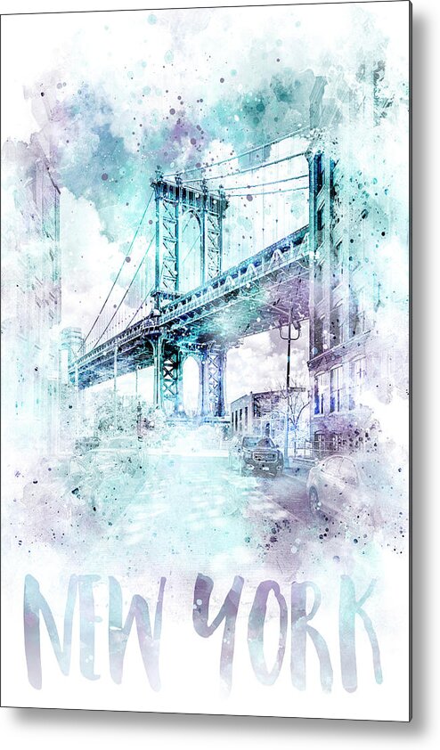 New York City Metal Print featuring the mixed media Modern Art NYC Manhattan Bridge - jazzy watercolor by Melanie Viola