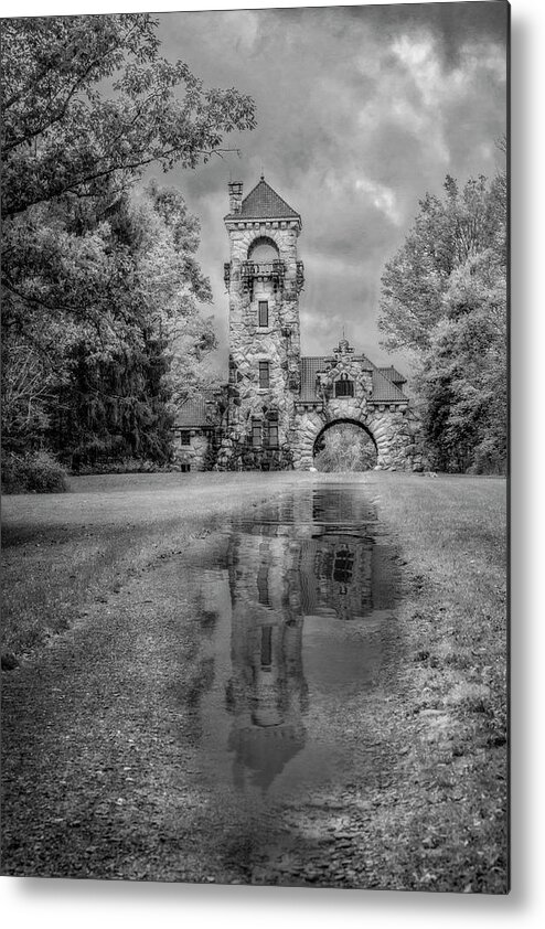 Hudson Valley Metal Print featuring the photograph Mohonk Preserve Gatehouse NY Fall BW by Susan Candelario