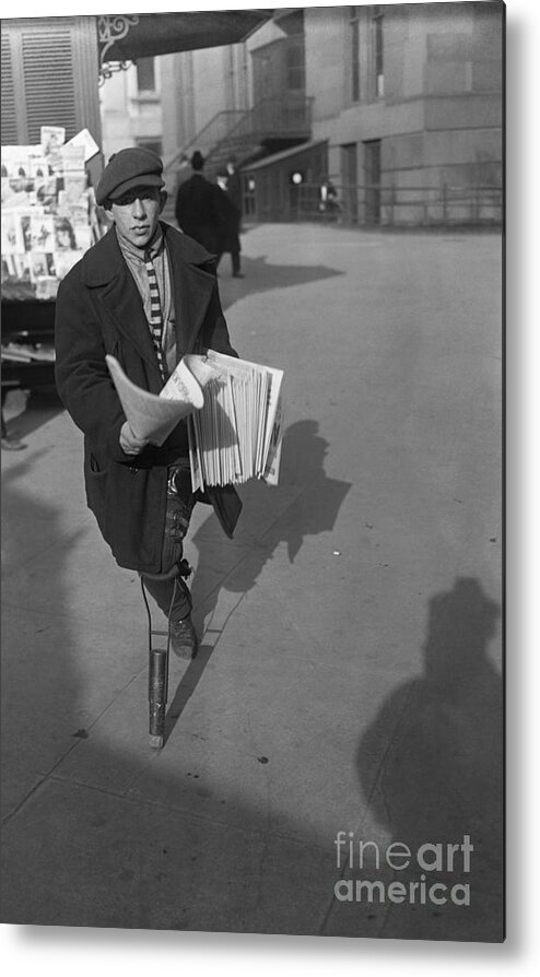 People Metal Print featuring the photograph Newsboy With Wooden Leg Running To Make by Bettmann