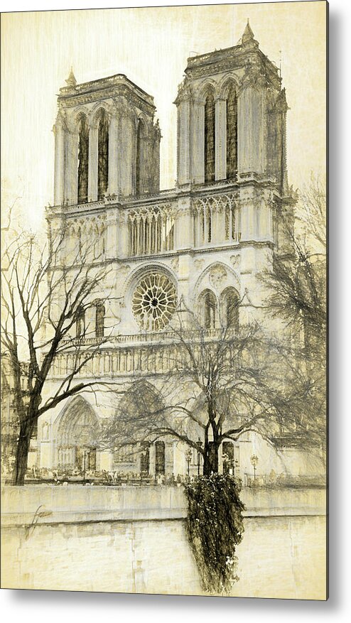 Notre Dame Metal Print featuring the photograph Notre Dame Photo Sketch by Mary Bedy