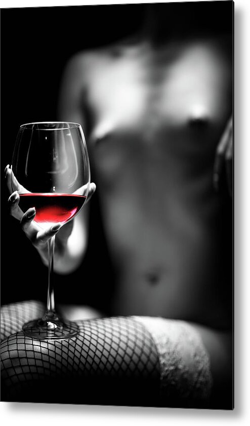 Woman Metal Print featuring the photograph Nude woman red wine by Johan Swanepoel