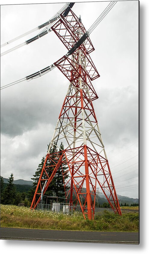 Orange And White Transmission Tower Metal Print featuring the photograph Orange and White Transmission Tower by Tom Cochran