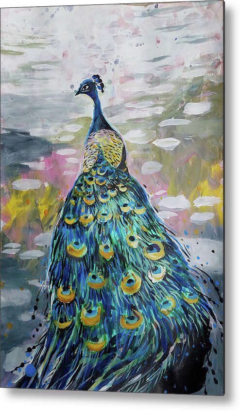 Bird Metal Print featuring the painting Peacock in dappled light by Tilly Strauss
