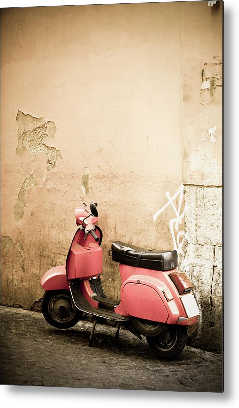 Desaturated Metal Print featuring the photograph Pink Scooter And Roman Wall, Rome Italy by Romaoslo