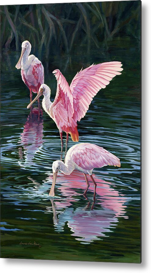 Spoonbills Metal Print featuring the painting Pink Spoonbills by Laurie Snow Hein