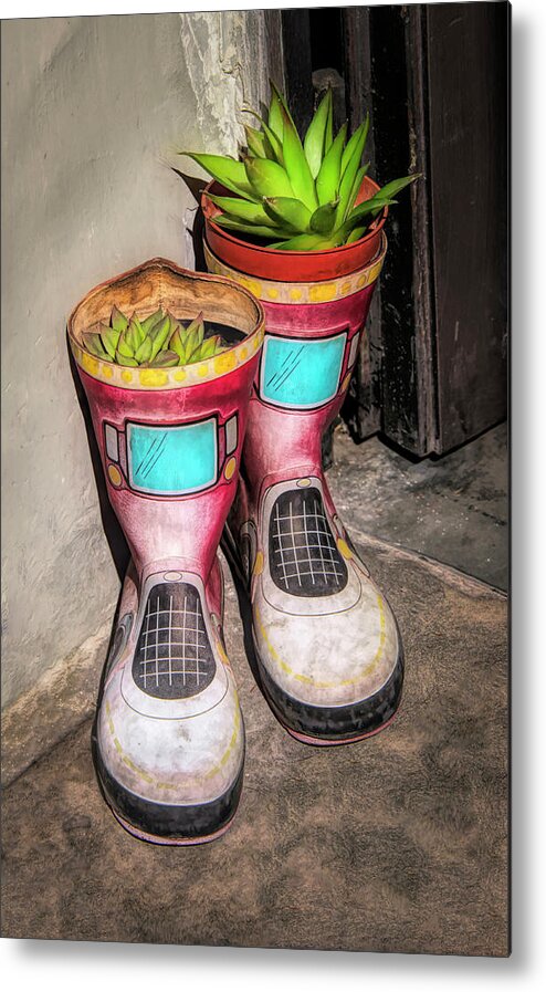 Boots Metal Print featuring the photograph Planter Boots At Door In Florence Italy by Gary Slawsky