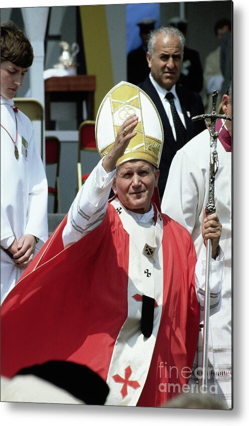 1980-1989 Metal Print featuring the photograph Pope John Paul II Raising Hand by Bettmann