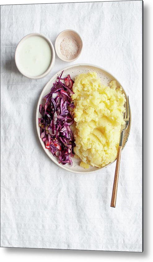 Ip_13379642 Metal Print featuring the photograph Puree Served With Red Cabbage Salad And Kefir by Kachel Katarzyna