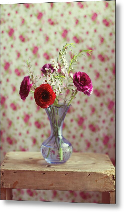 Vase Metal Print featuring the photograph Red And Pink Ranunculus Flowers In Blue by Copyright Anna Nemoy(xaomena)