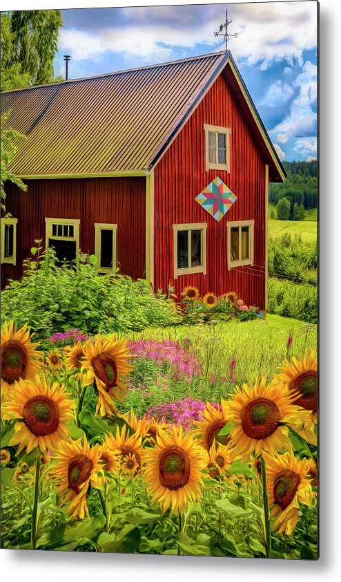 Barns Metal Print featuring the photograph Red Barn in Summer Sunflowers Painting by Debra and Dave Vanderlaan