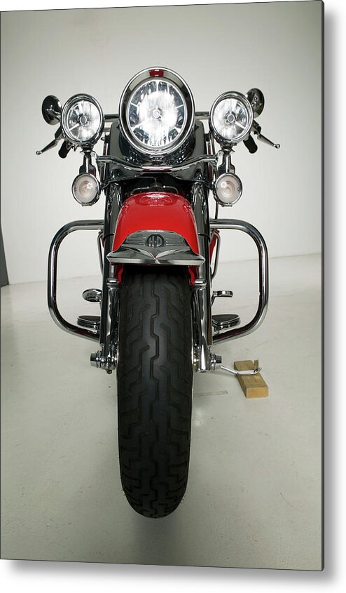 Handlebar Metal Print featuring the photograph Red Motorcycle Parked In Studio by Photodisc