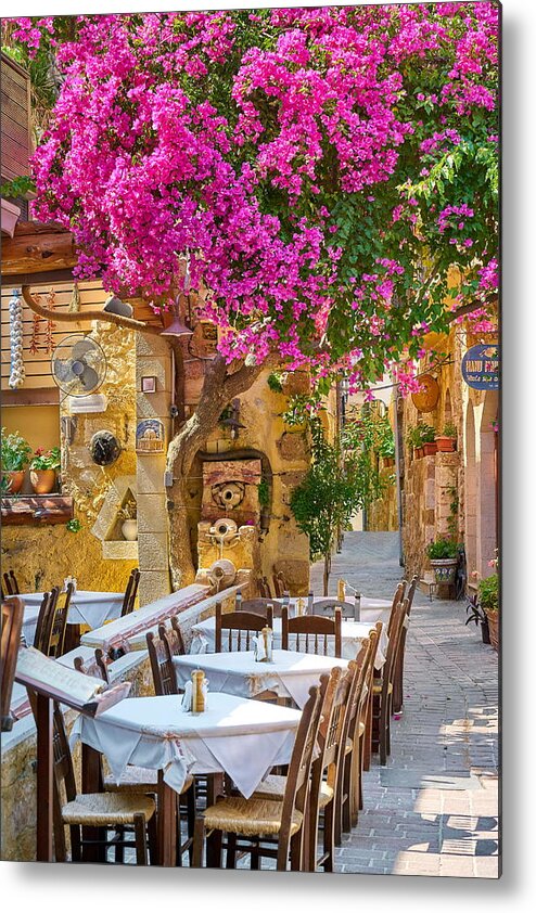 Flowers Metal Print featuring the photograph Restaurant At Chania Old Town, Blooming by Jan Wlodarczyk