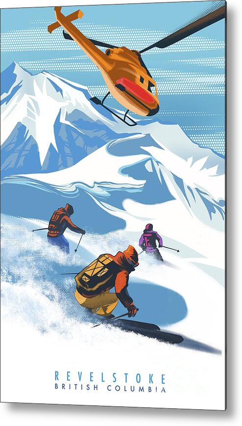 Skiing Metal Print featuring the painting Retro Revelstoke Heliski Travel Poster by Sassan Filsoof