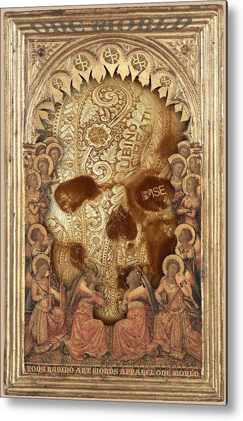 Sign Metal Print featuring the painting Rubino One World No Fear Gold Skull by Tony Rubino
