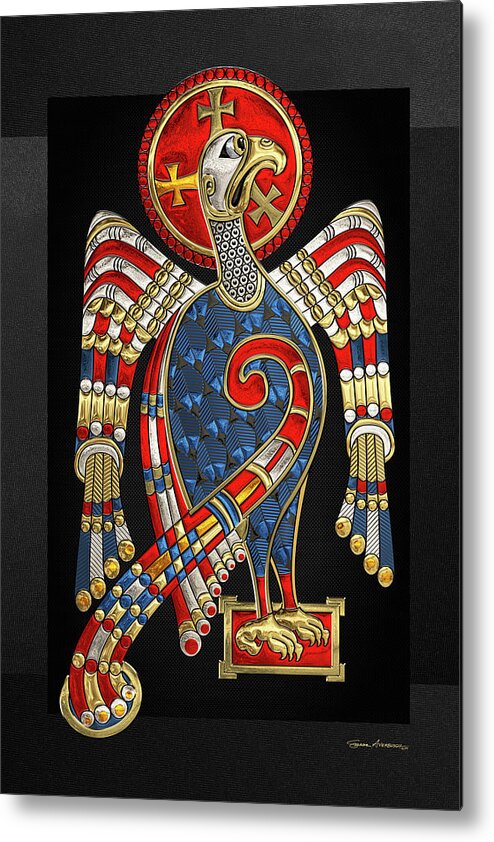 ‘celtic Treasures’ Collection By Serge Averbukh Metal Print featuring the digital art Sacred Celtic Eagle over Black Canvas by Serge Averbukh