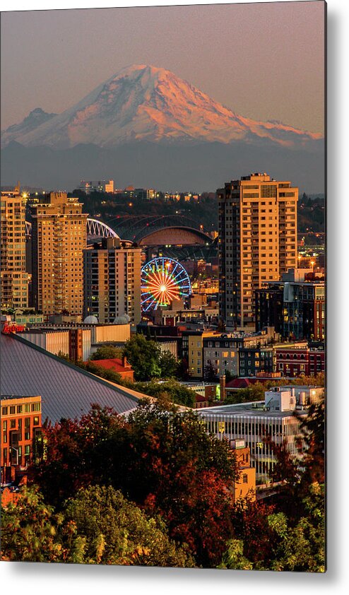 Autumn Metal Print featuring the photograph Seattle Icons at Sunset by Emerita Wheeling