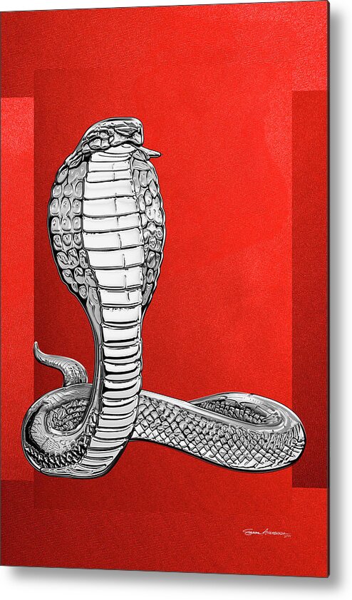 'beasts Creatures And Critters' Collection By Serge Averbukh Metal Print featuring the digital art Silver King Cobra on Red Canvas by Serge Averbukh