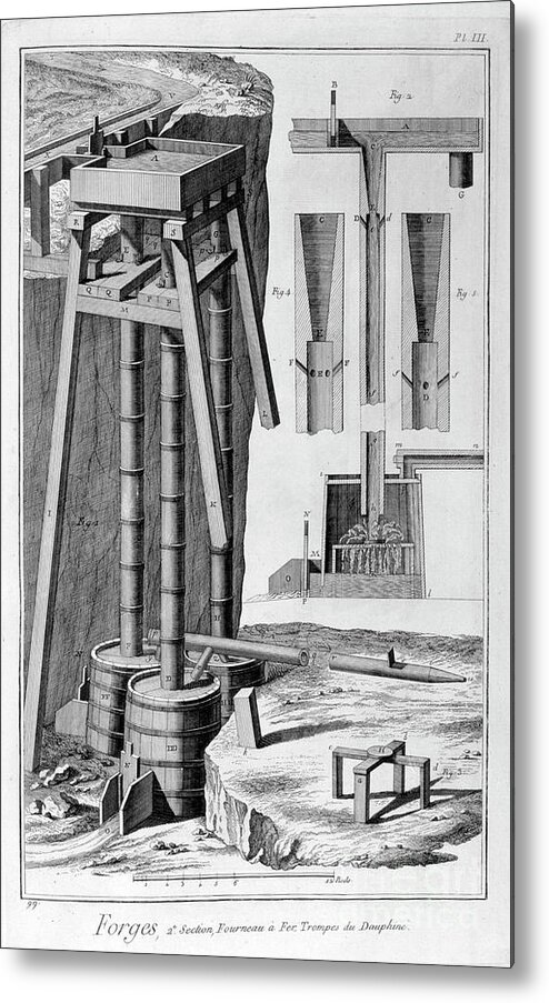Engraving Metal Print featuring the drawing Smelting Iron Furnace, 1751-1777 by Print Collector