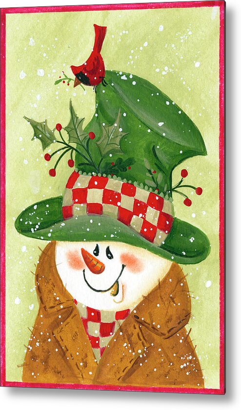 Snowman With Green Hat Metal Print featuring the painting Snowman In Brown And Green by Beverly Johnston